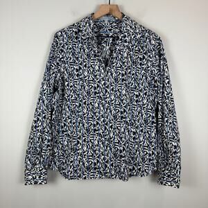 Foxcroft Wrinkle Free Top Women's 14 White Black Leopard Fitted Full Zip Blouse